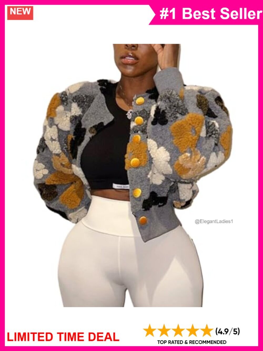 Women's Cropped Fleece Bomber Jacket Puff Sleeve Floral Button Down